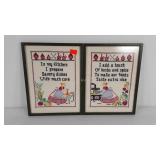 Kitchen themed needleworks, each is framed, 11x14