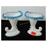 Milk glass cornucopia vases with aqua Crest edge,