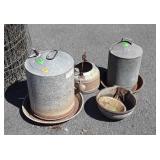 farm group: hog water, chicken feeders, trash