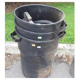 Three black poly trash cans with lids
