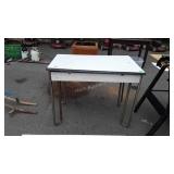White and black enamel top table, wear in finish