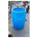 55 gallon blue poly Barrel, top cut out, drain
