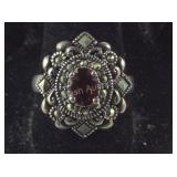 Vintage Garnet & Marcasite Ring, size  8.75,  7