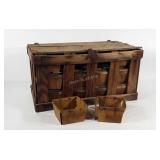 Wooden produce crate full of berry baskets, 23" ×