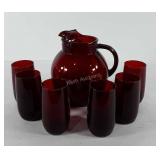Ruby Red glass pitcher and six tumblers