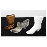 Three glass shoes, includes button & daisy milk