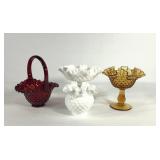Hobnail glass group, includes Fenton red basket,