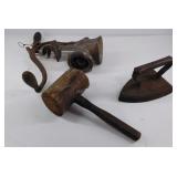 Old household items, meat grinder, flat iron,