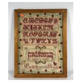 Early needlework sampler, signed Jane F.