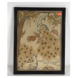 Early needlework peacocks picture, framed under