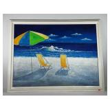 Beach scene painting on canvas, artist signed,