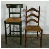 Two rush seat chairs, green bar stool is 25" to