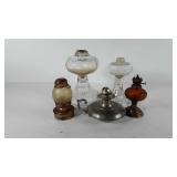 Oil lanterns and bases, includes two glass bases,
