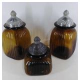 Three piece canister set, glass with metal lids