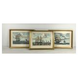 Three tall ship watercolor paintings, each framed
