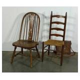 Two chairs, rush seat high backed chair includes