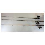 Three fishing poles with reels, Heters RB6Y1S,