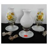 Three milk glass lanterns, two hand painted and