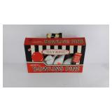 Vintage plastic bowling pins and balls, 10 pins,