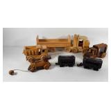 Wooden block toys, tractor trailer, dump truck,
