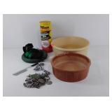 Group of dog items, 2 bowls, dog tags from 1980,