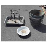 Outdoor lot, enamel pan, galvanized buckets, tray