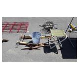 Outdoor lot, axe, pick axe, bucket, folding stool