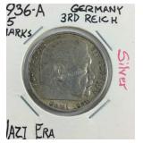 1936 A 5 Marks Nazi Silver Coin