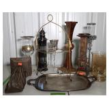Home decor- etched amber vase, plate serving stand