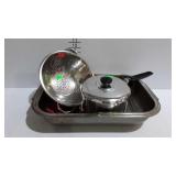 Kitchenware, stainless colander, sauce pan with