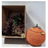 Large pumpkin basket, artificial grapes and
