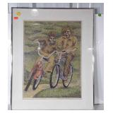Wall Print, "Pointillism" Two Kids Riding