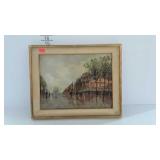 European street scene painting on board, framed,