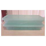 Two low profile RUBBERMAID underbed storage totes
