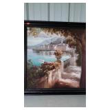 Painting, big framed oil on board harbor