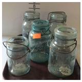 5 Blue glass canning jars, locking lid style - no