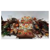 Fall decor, pillows, feathers, candles, silk