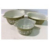 3 Pyrex casserole dishes, Spring Blossom Green