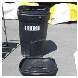 Hefty plastic trashcan with lid and fishing pole,