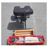 Rolling stool, wood toolbox, and drywall items