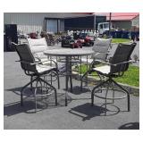 Glass top bar style patio table and four chairs,