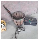 Apple basket with hand tools and tackle box