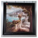Painting, big framed oil on board harbor