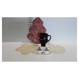 Longaberger mug, doilies, Workshops of Gerald Henn
