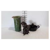 Pottery decor - 6-1/2" vase, juicer, and figurine