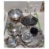 Silver plate - candelabra, chafing dish with glass