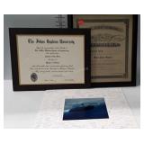 2 Diplomas, and submarine print signed by many