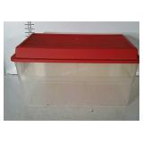 Clear tote with red lid. 24"×14"×14".