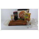 Group of kitchen items, large wooden cutting