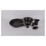 Enamel pan, and a tin dish set.